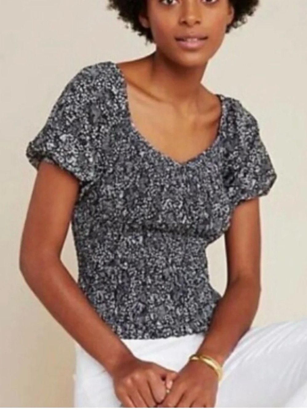 Anthropologie Aurelia Smocked Ruched Black Floral Puff Sleeve Top XS